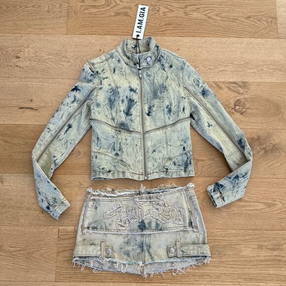 I.AM.GIA - Zarria Moto Denim Jacket & Mini Skirt in Bleached Blue - Picture 1 of 6
